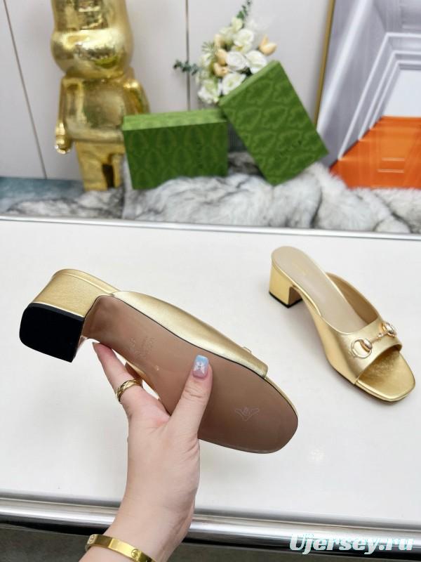 2025 Women Gucci Gold Leather Heeled Slip-On Horsebit MJ00180