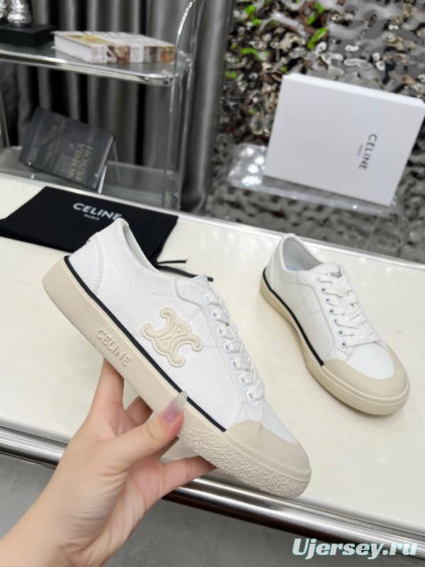 2025 Women Celine White Canvas Leather Low Top Sneakers LY00210