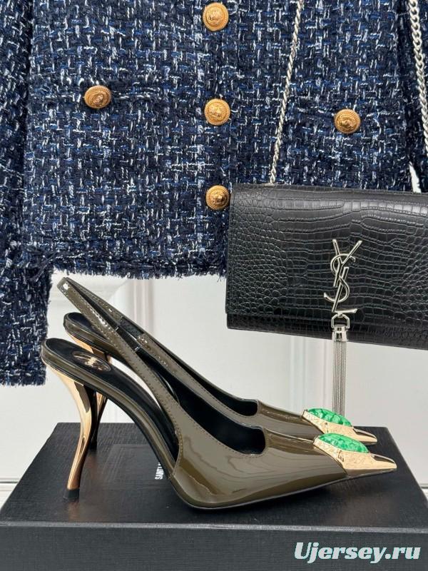 2024 Women Yves Saint Laurent Olive Green Gold Calf Leather Slingback Gemstone High Heels MJ00330
