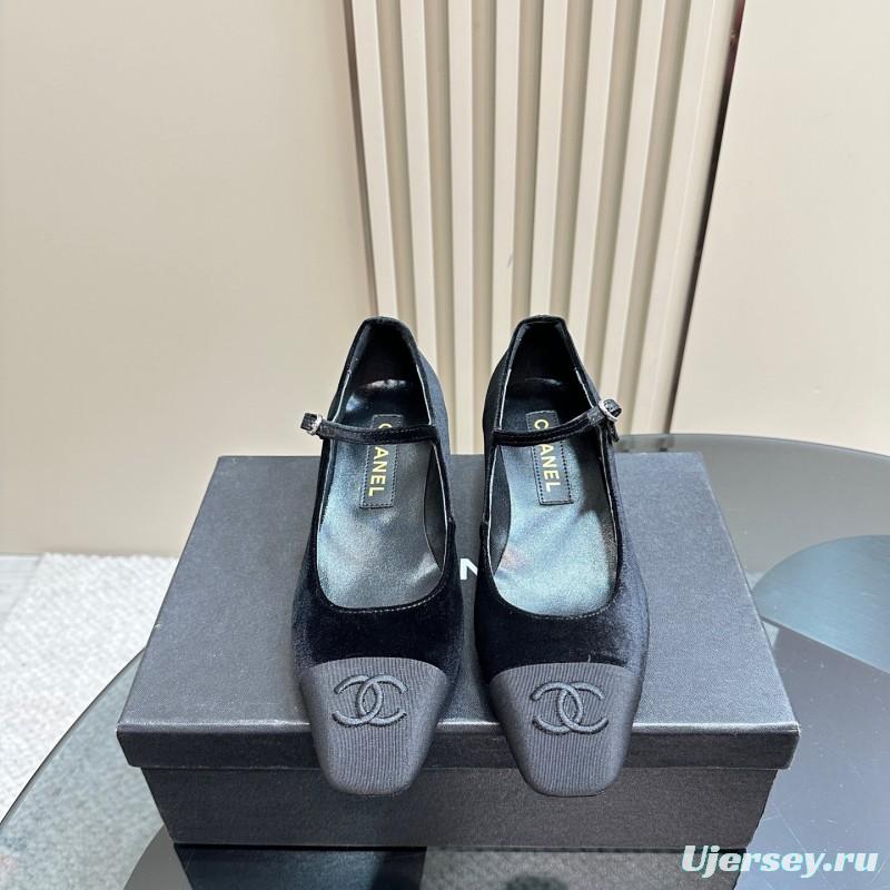 2025 Women Chanel Black Velvet Leather Mary Jane