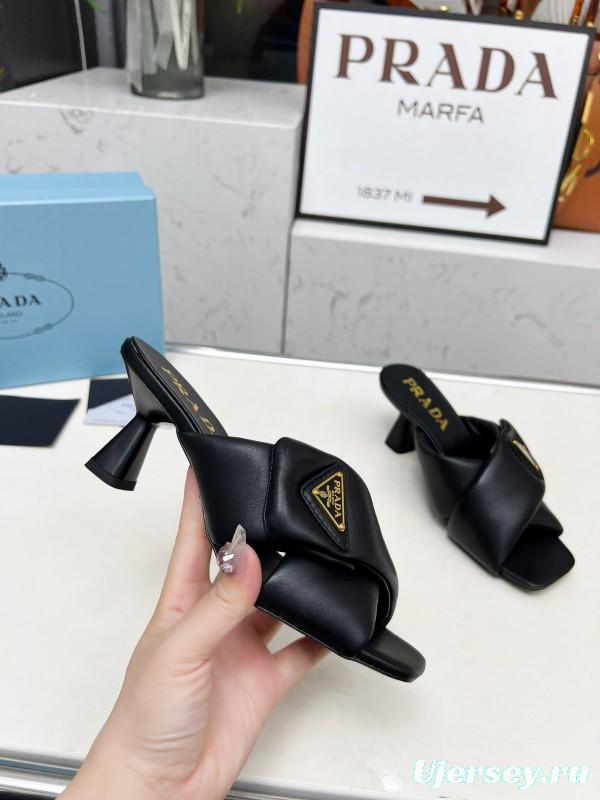 2025 Women Prada Black Leather Slippers LY00270