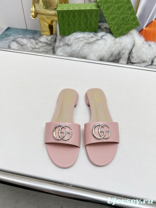 2025 Women Gucci Pink Leather Slippers GG Buckle MJ00190