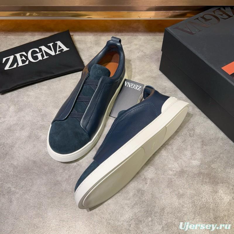 2024 Men Ermenegildo Zegna Blue Leather Suede Sneakers