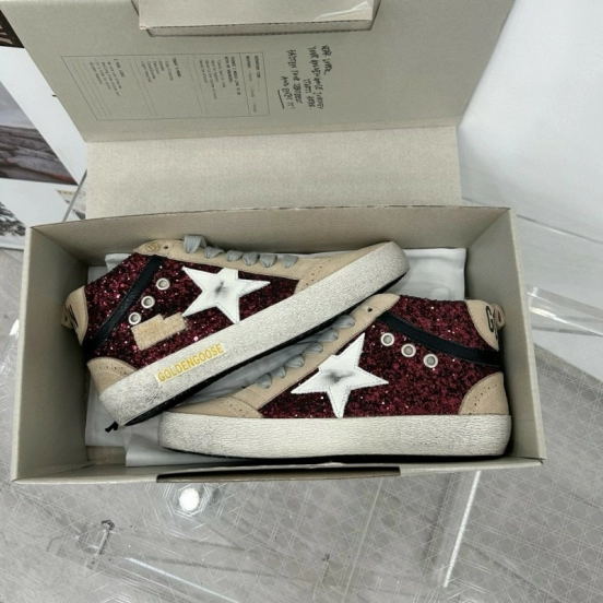 2024 Unisex GGDB Burgundy Beige Glitter Leather High Top Sneakers MJ00300