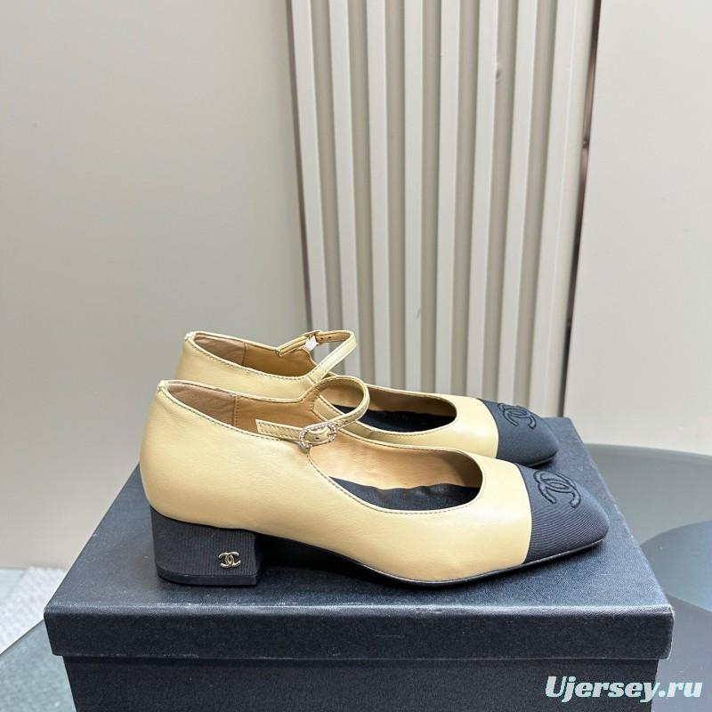 2025 Women Chanel Beige Black Leather Mary Jane Shoes KFY00290