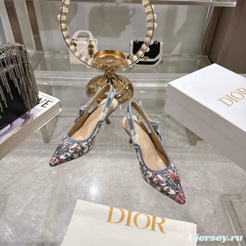 2025 Women Dior Blue Pink Embroidered Fabric Slingback Heels