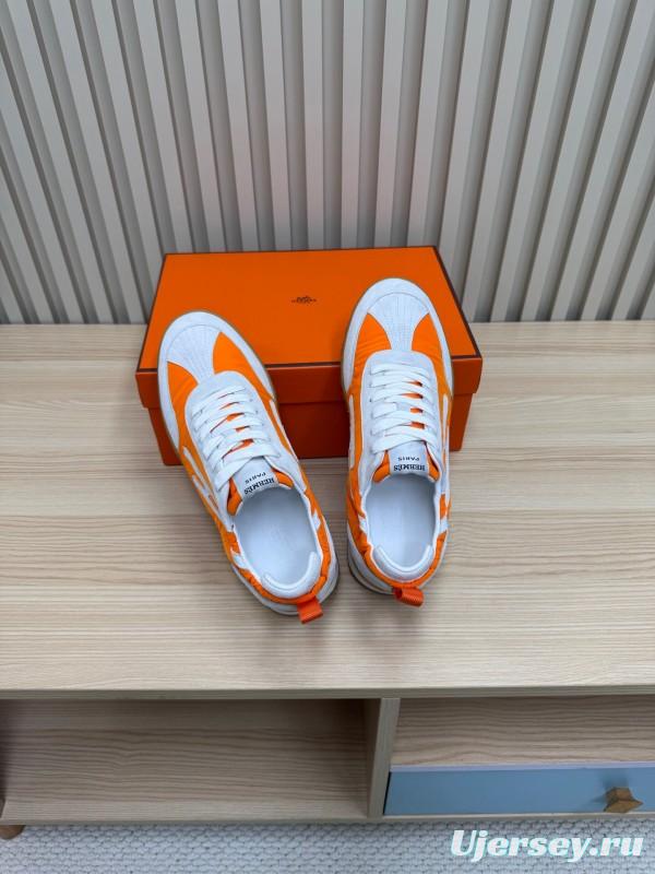 2025 Unisex Hermès White Orange Suede Mesh Sneakers KFY00300
