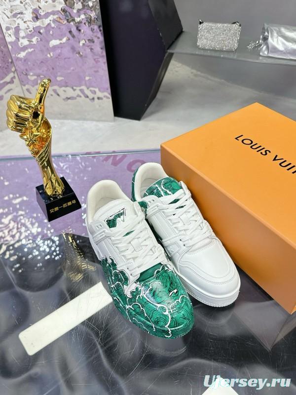 2024 Unisex Louis Vuitton Green White Leather Plimsolls Hand-Painted MJ00780