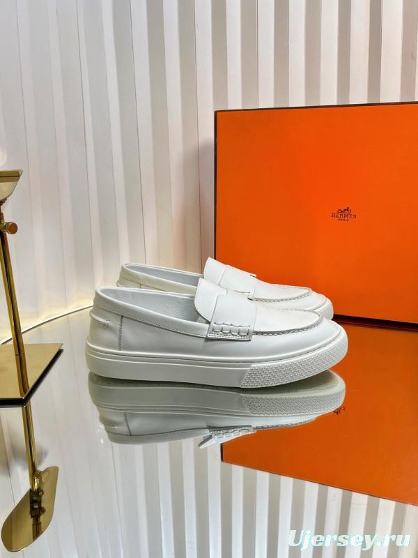 2025 Unisex Hermès White Leather Fabric Loafers LY00310(F)/LY00320(M)