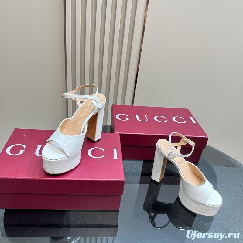 2025 Women Gucci White Leather Platform Sandals