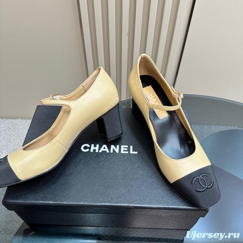 2025 Women Chanel Beige Black Leather Mary Jane Shoes KFY00290