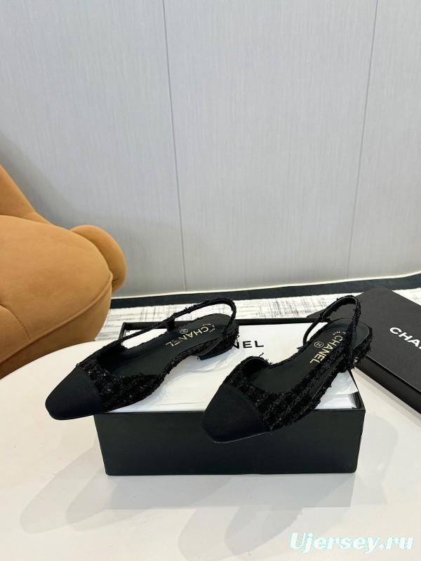 2025 Women Chanel Black Leather Tweed Ballet Flats LY00240