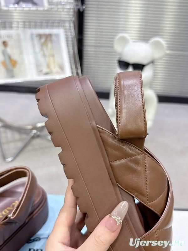 2025 Women Prada Brown Leather Sandal