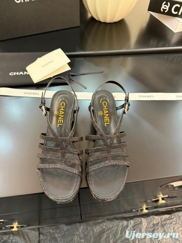 2025 Women Chanel Black Leather Sandals KFY00289