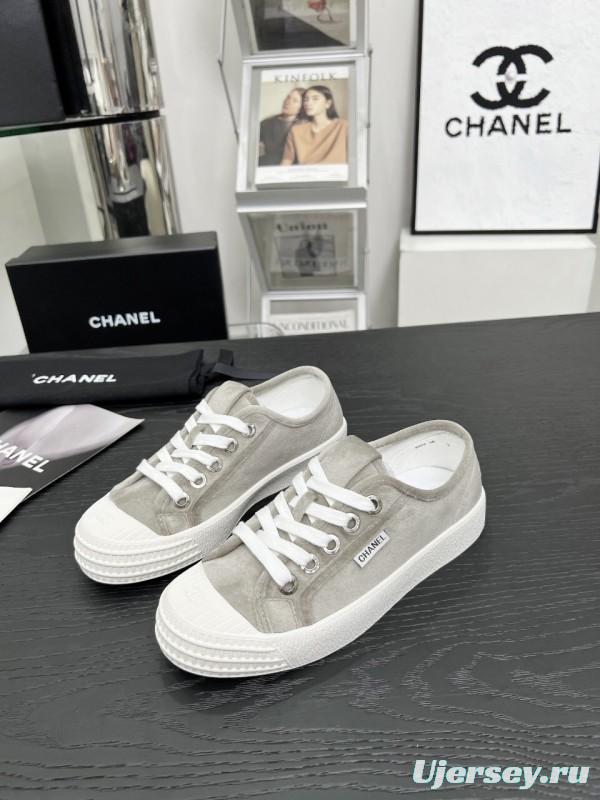 2025 Women Chanel Grey Canvas Leather Casual Sneakers LY00230