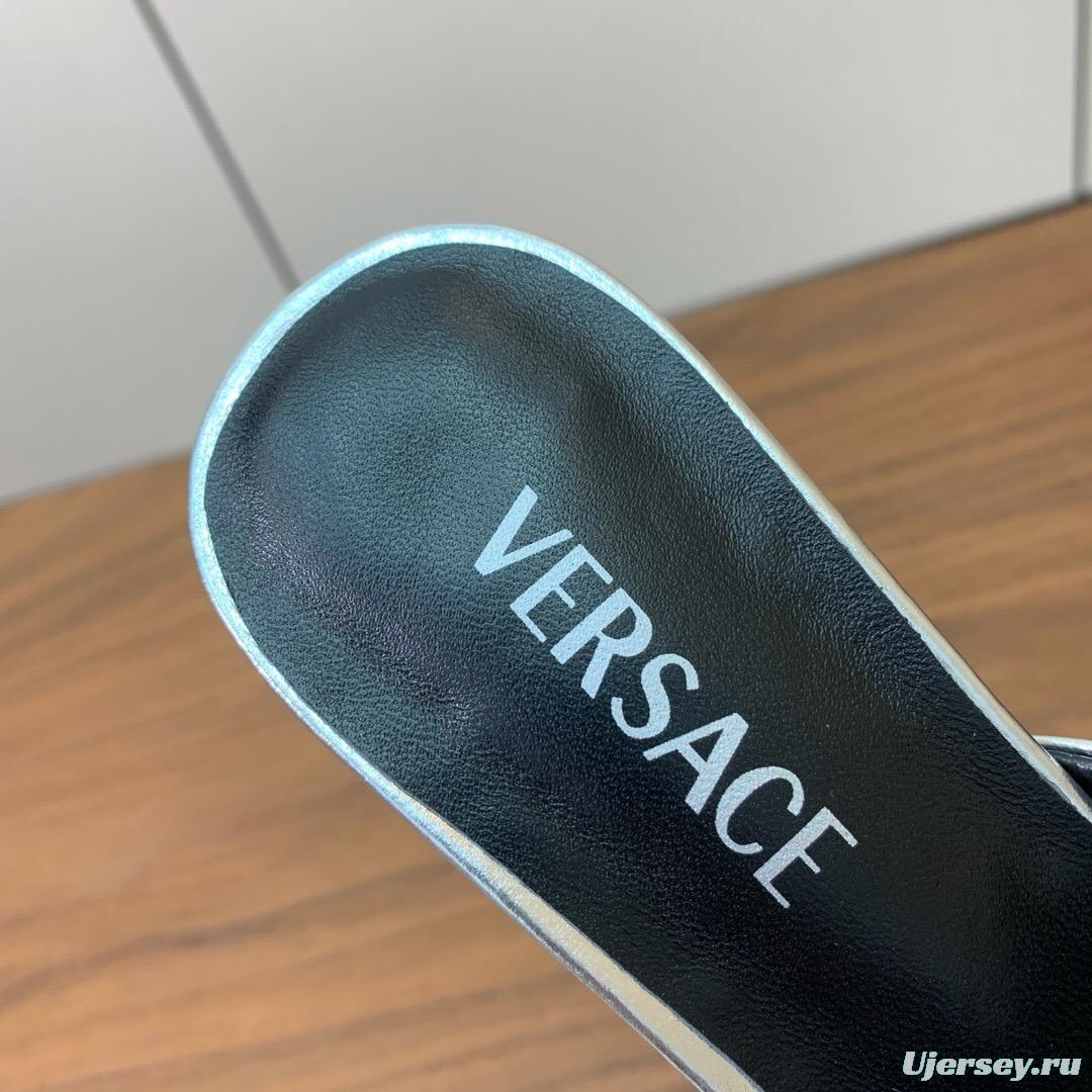 2025 Women VERSACE Silver Leather Slippers