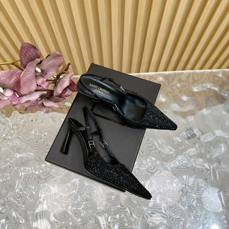 2024 Women Yves Saint Laurent Black Silk Slingback Heels MJ00320