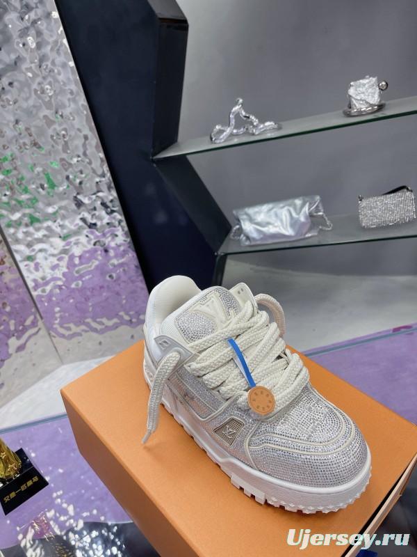2024 Unisex Louis Vuitton White Silver Leather Trainers Crystal Embellished MJ00430
