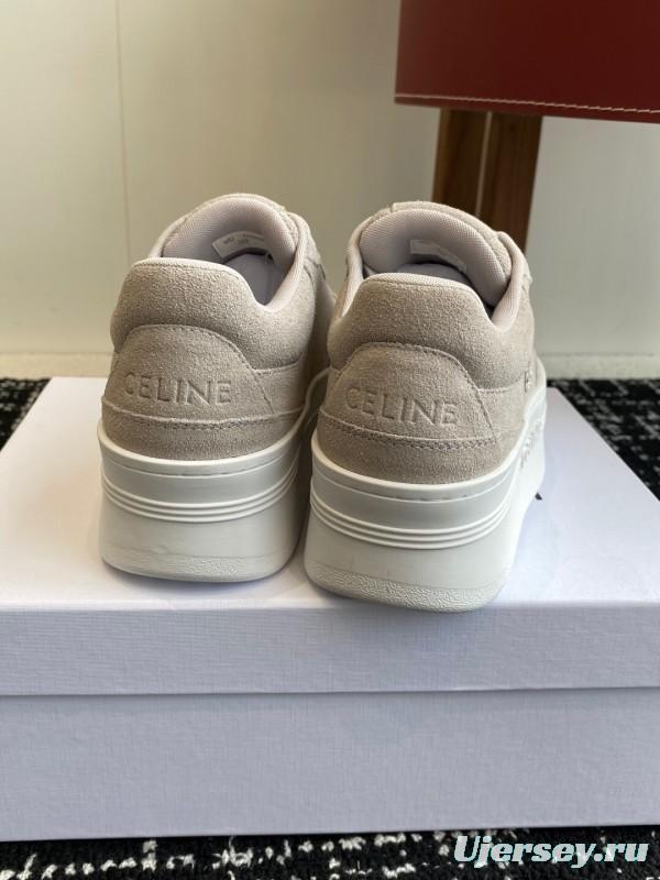 2025 Women Celine Beige Suede Platform Sneakers CELINE Embroidery