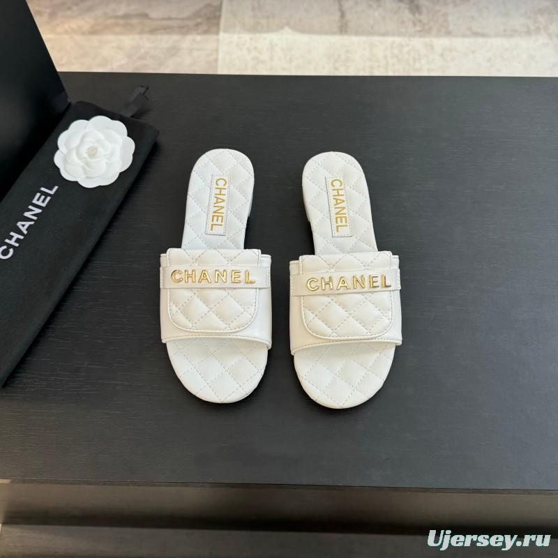 2025 Women Chanel White Leather Slippers
