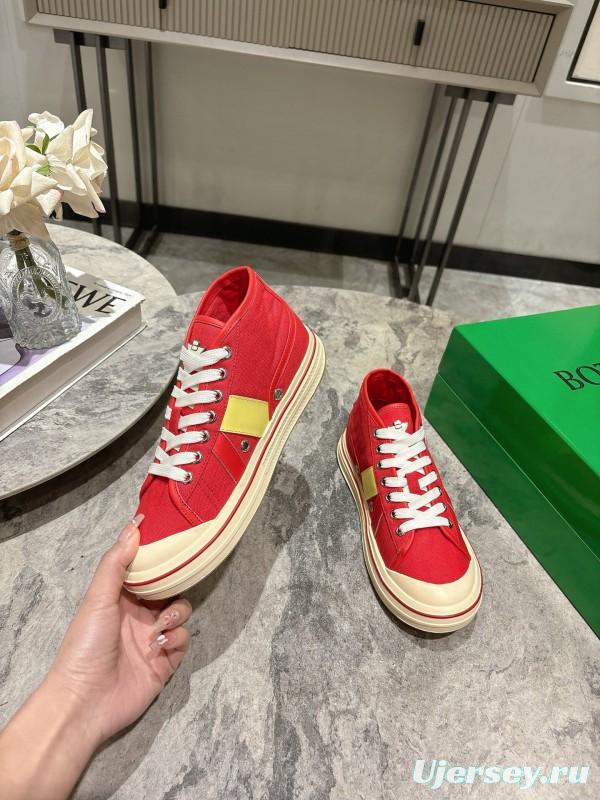 2025 Unisex Bottega Veneta Red Yellow Canvas Leather Sneakers Hand Painted KFY00260(F/M)
