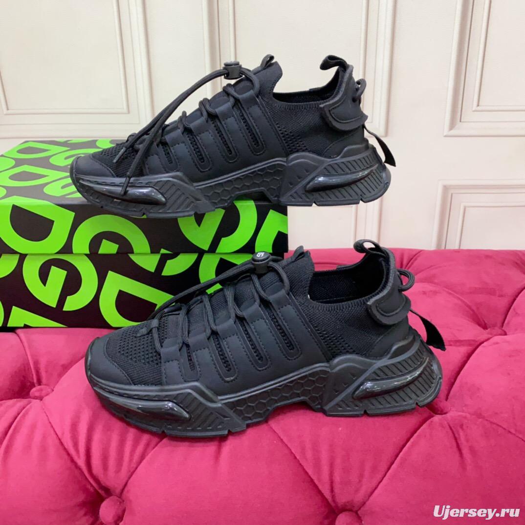 2025 Unisex Dolce & Gabbana Black Leather Knit Sneakers LY00340