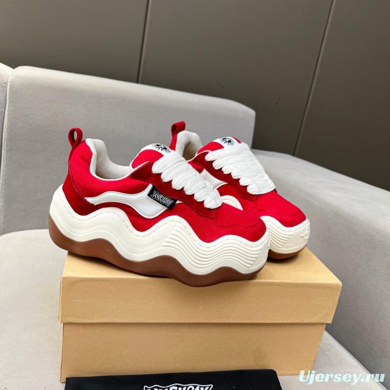 2025 Women HEYDAY Red White Canvas Leather Wave Sneakers