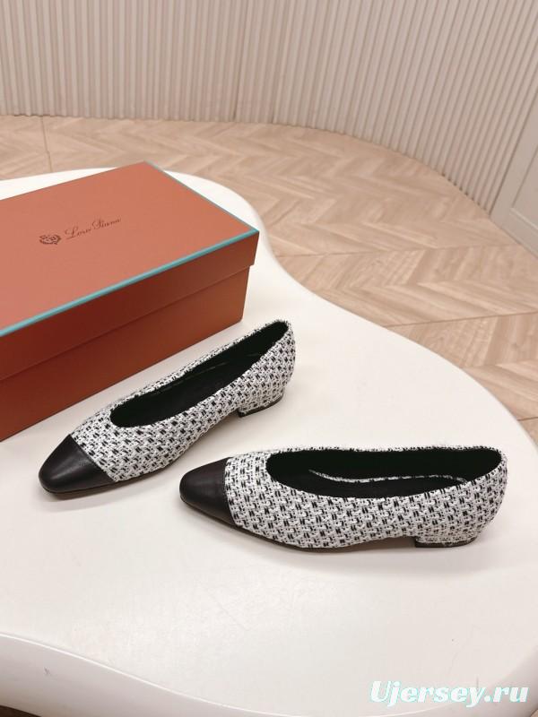 2025 Women Le Parmentier Black White Tweed Leather Pointed Toe Loafers