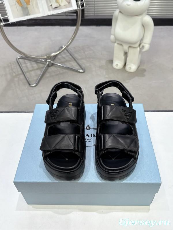 2025 Women Prada Black Leather Sandals