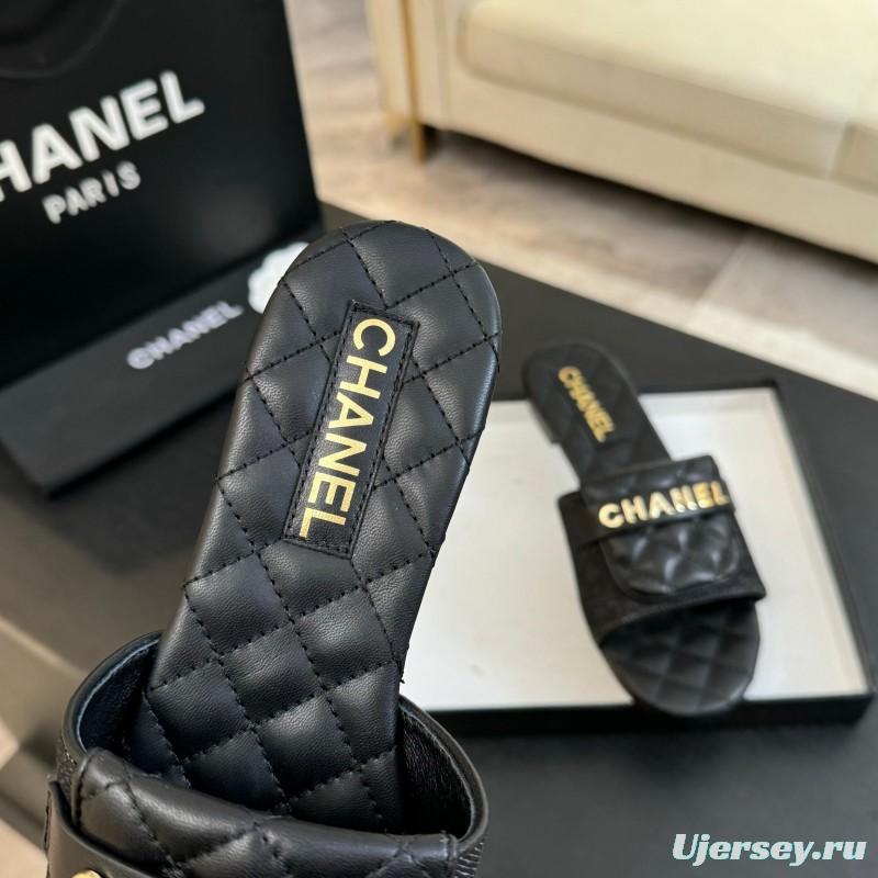 2025 Women Chanel Black Leather Slippers