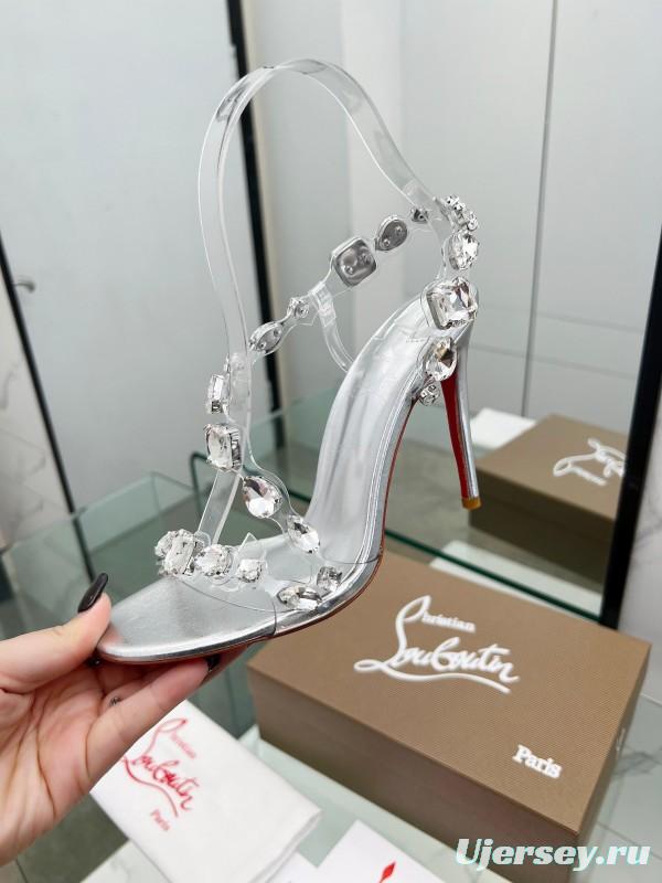 2025 Women Christian Louboutin Silver PVC Crystal High Heel Sandals LY00300