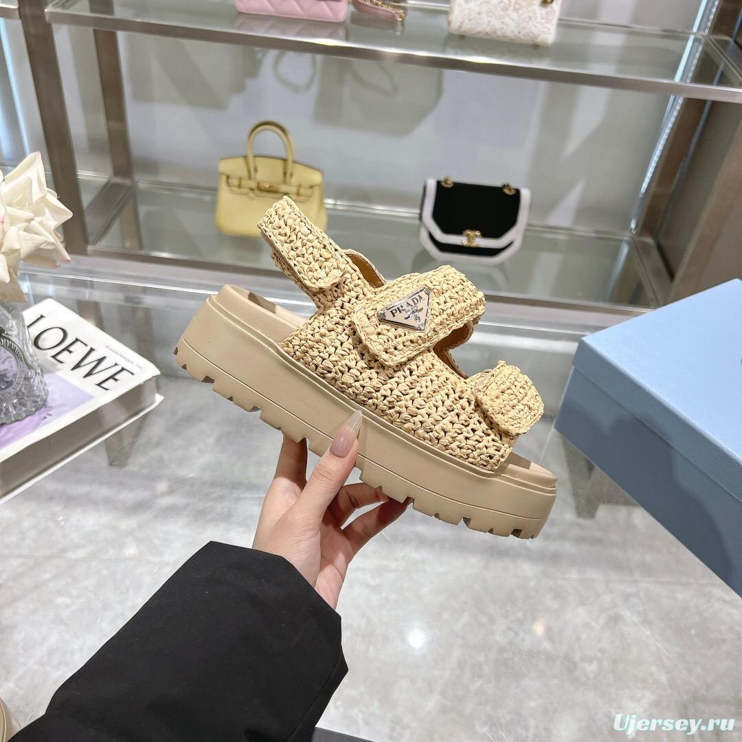 2025 Women Prada Beige Woven Leather Platform Sandals