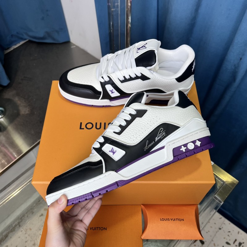 2025 Unisex Louis Vuitton White Black Purple Leather LV Trainer