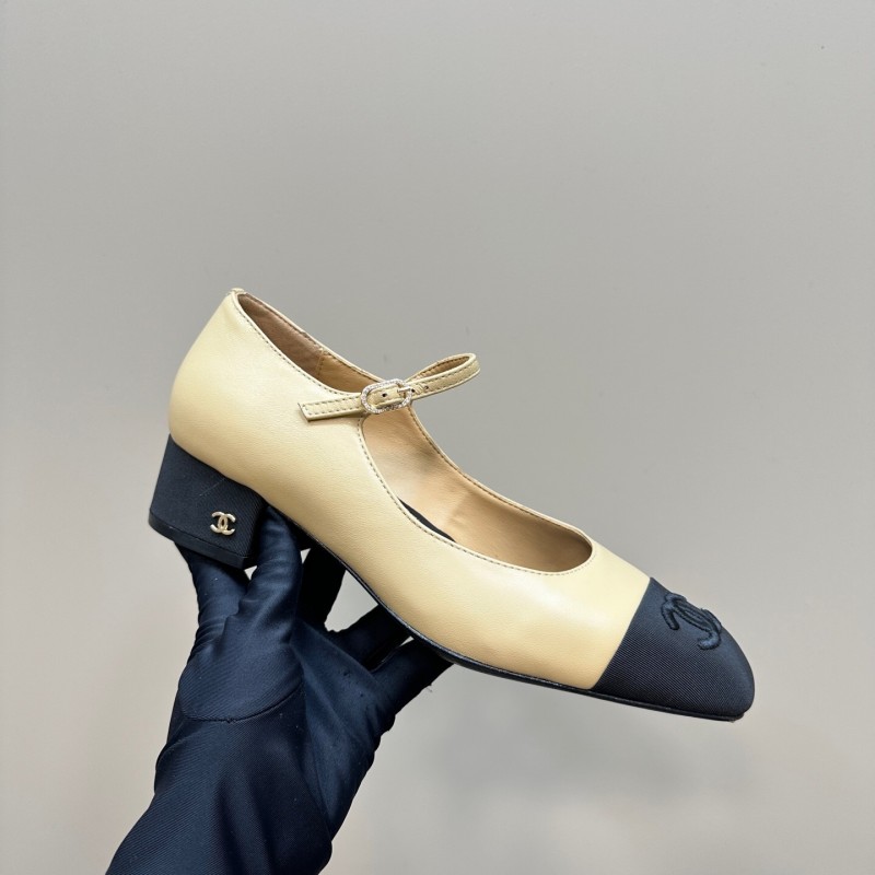 2025 Women Chanel Beige Black Leather Mary Jane Shoes KFY00290