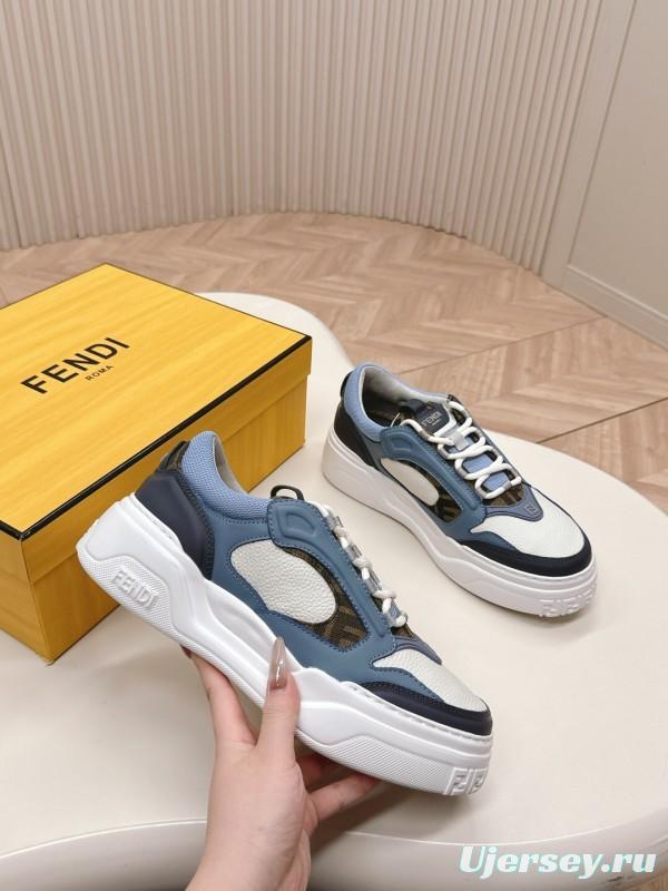 2025 Unisex Fendi Blue White Black Leather Mesh Plimsolls Embossed Badge