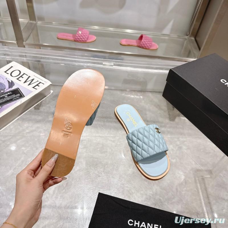 2025 Women Chanel Light Blue Lambskin Slippers