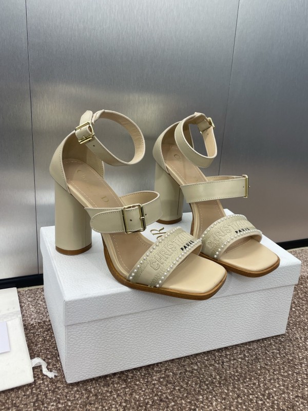 2025 Women Dior Beige Calf Leather Sheepskin Pearl Embroidered High Heel Sandals KFY00320