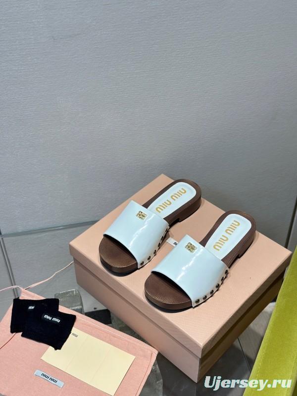 2025 Women Miumiu White Leather Slippers