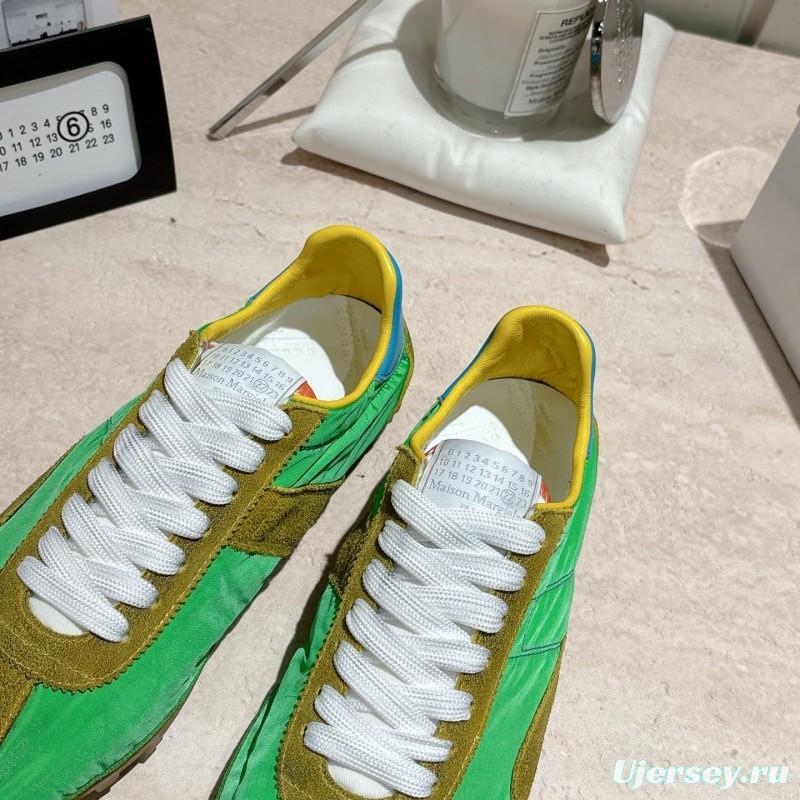 2025 Unisex Maison Margiela Green Yellow Leather Nylon Suede Sneakers Distressed