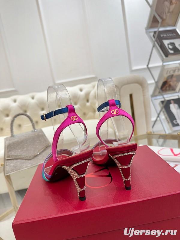 2025 Women Valentino Red Blue Green Pink Leather Suede High Heel Sandals LY00310