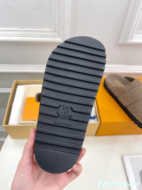 2025 Women Louis Vuitton Brown Suede Slippers Flower Buckle KFY00300