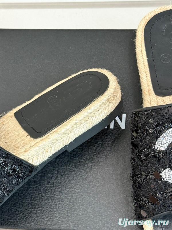 2025 Women Chanel Black Sequin Espadrille Slides Classic Double C Logo Handmade Braided Sole KFY00240(F)