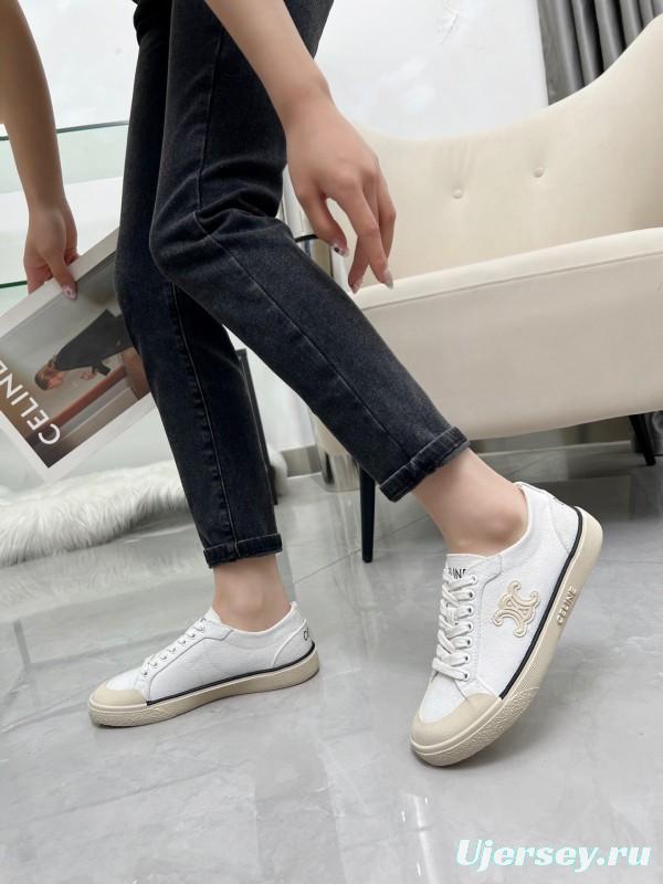 2025 Women Celine White Canvas Leather Low Top Sneakers LY00210