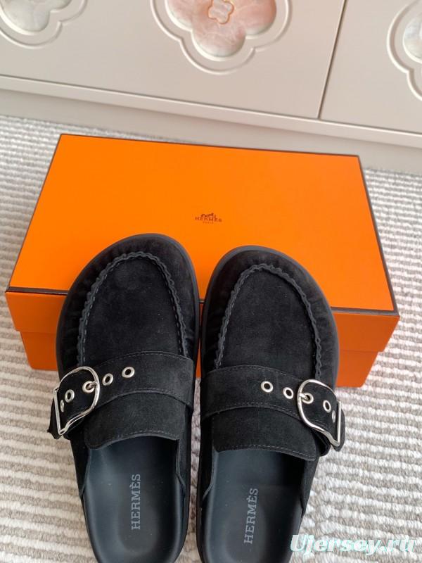 2025 Women Hermès Black Suede Mule Shoes Buckle KFY00290
