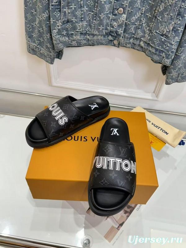2025 Slippers Louis Vuitton Black Leather Slippers LY