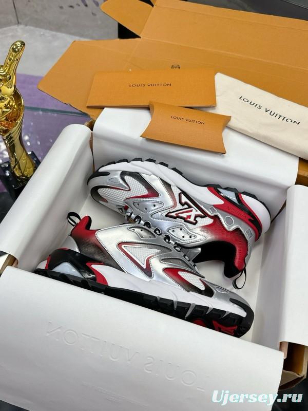 2025 Men Louis Vuitton White Red Black Leather Mesh Sneakers MJ00420