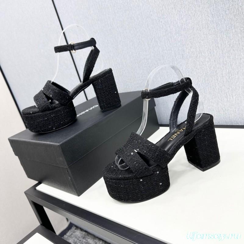 2025 Women Chanel Black Fabric Platform Sandals KFY00310