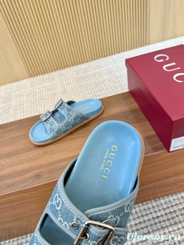 2025 Women Gucci Light Blue Canvas Leather Sandals