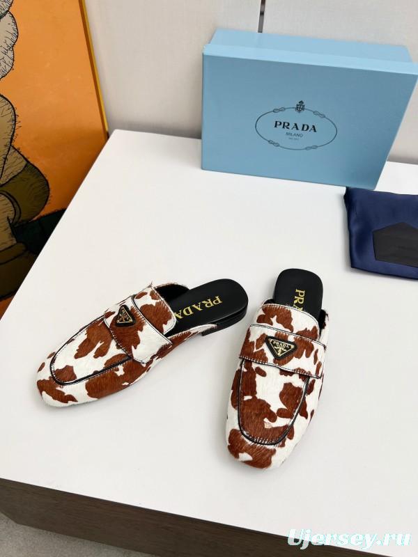2025 Women Prada Brown White Calf Hair Leather Slippers LY00260