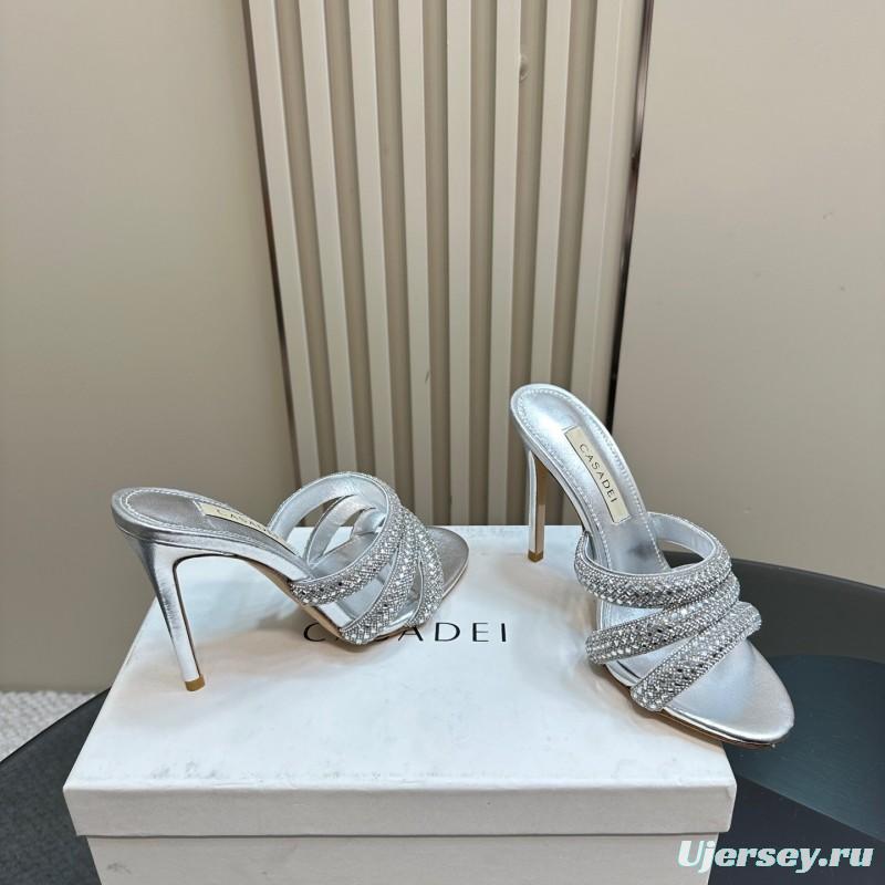 2025 Women Casadei Silver Leather High Heel Crystal Embellished KFY00290